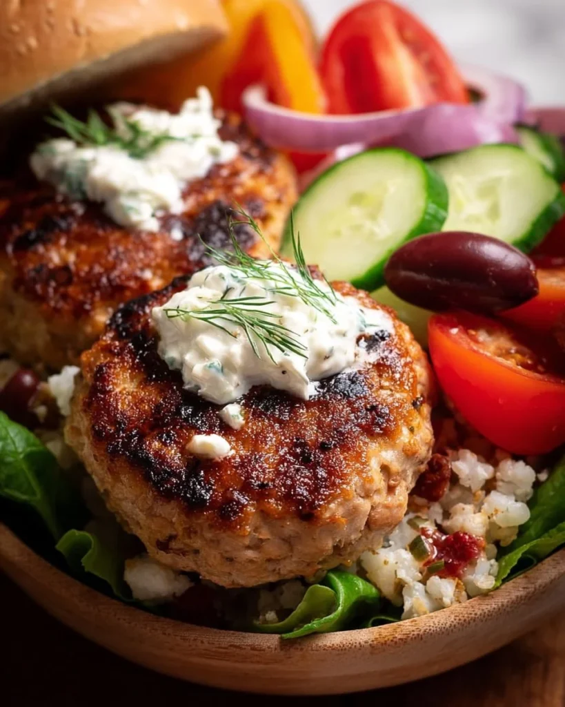 Delicious Greek Turkey Burgers garnished with fresh ingredients