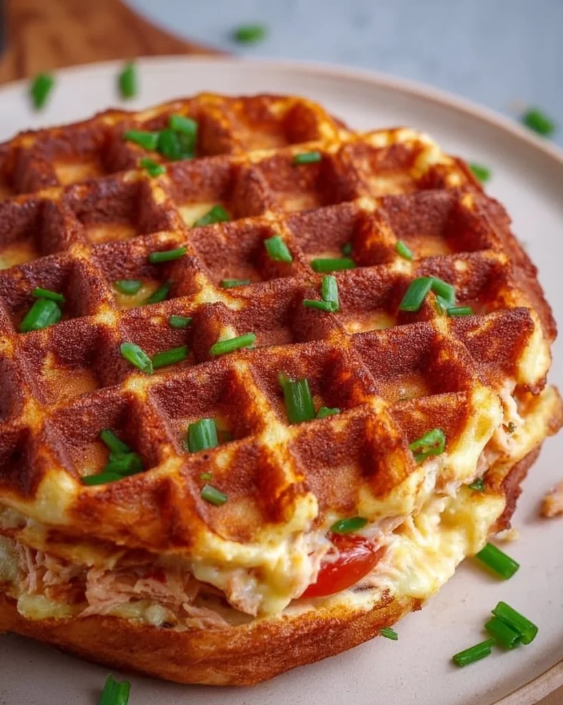Healthy tuna melt chaffle topped with melted cheese and herbs