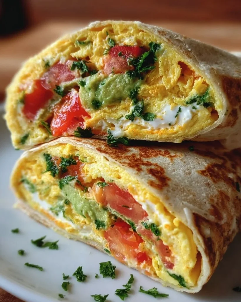 High protein veggie omelette wrap filled with fresh vegetables and eggs.