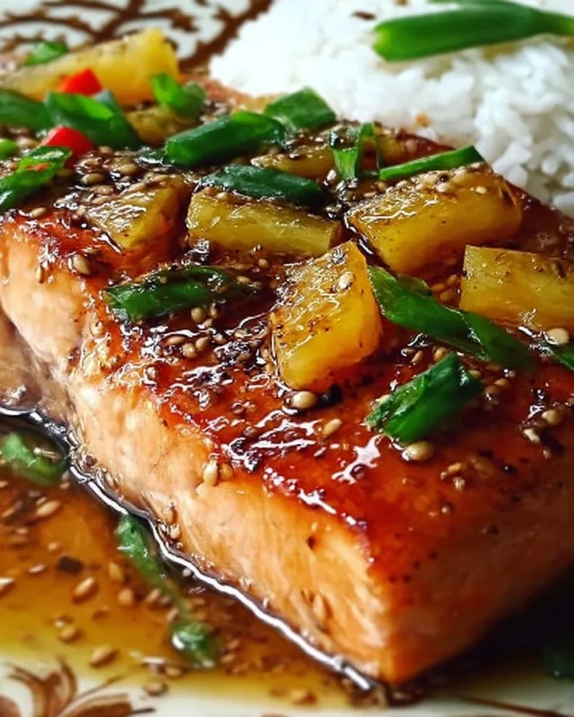 Honey Pineapple Glazed Salmon dish served with garnishes