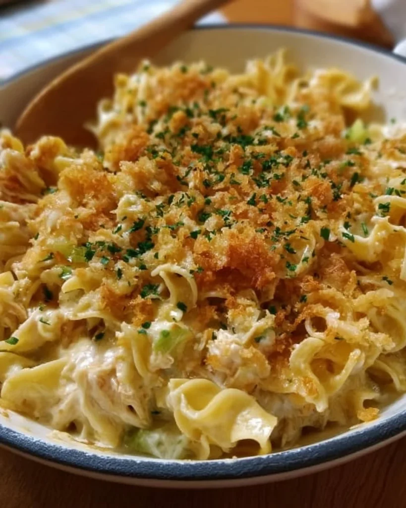 Ina Garten tuna noodle casserole baked dish with creamy sauce and breadcrumbs