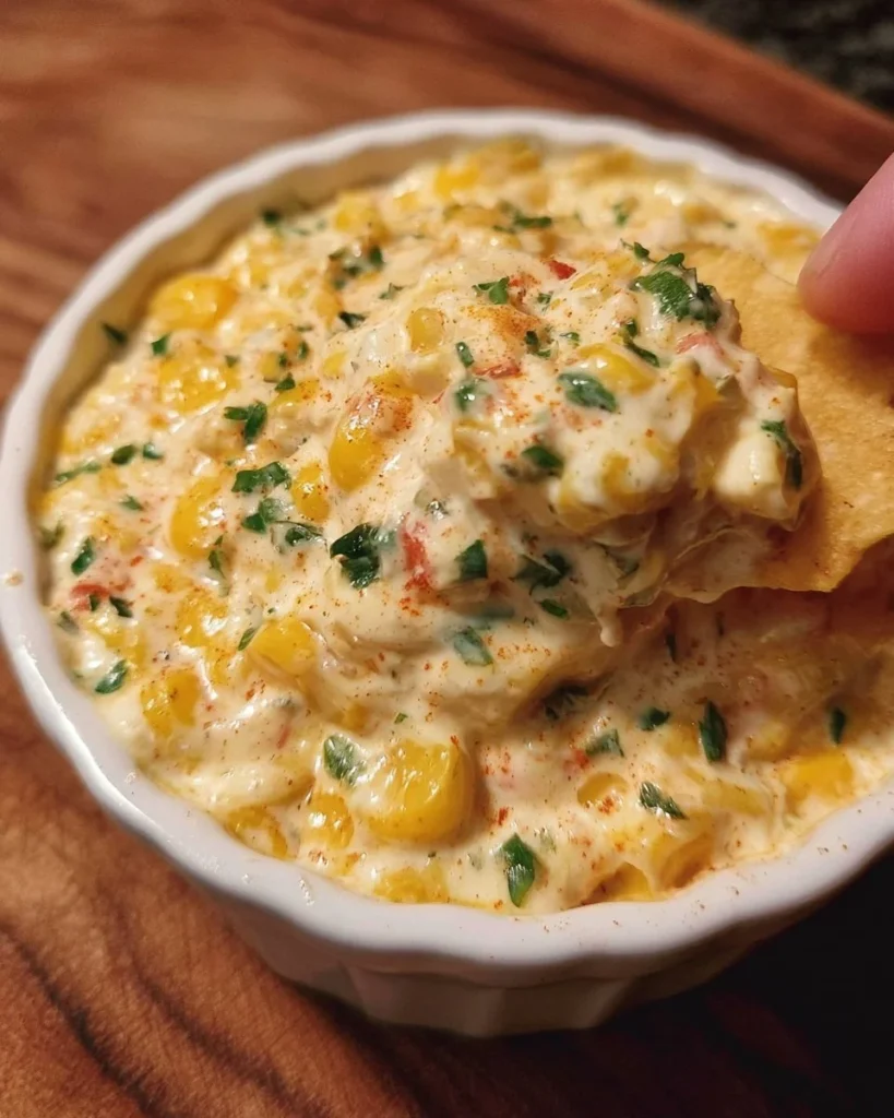 Delicious bowl of irresistible Crack Corn Dip with corn kernels and cheese