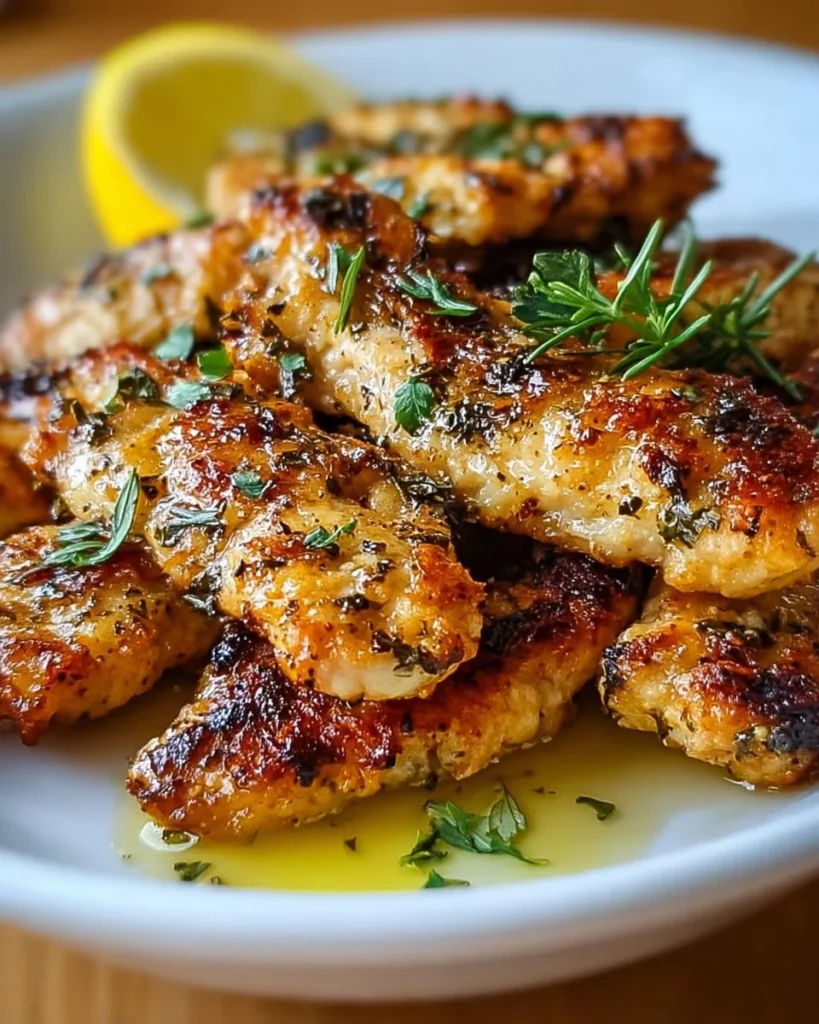 Deliciously marinated juicy Greek chicken tenders served on a plate.