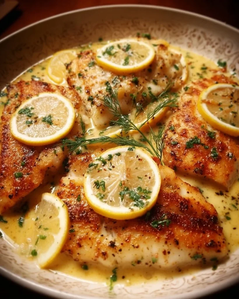 Plate of Lemon Garlic Tilapia garnished with lemon and parsley