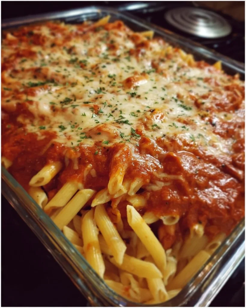Deliciously cheesy life-changing baked ziti topped with fresh herbs.