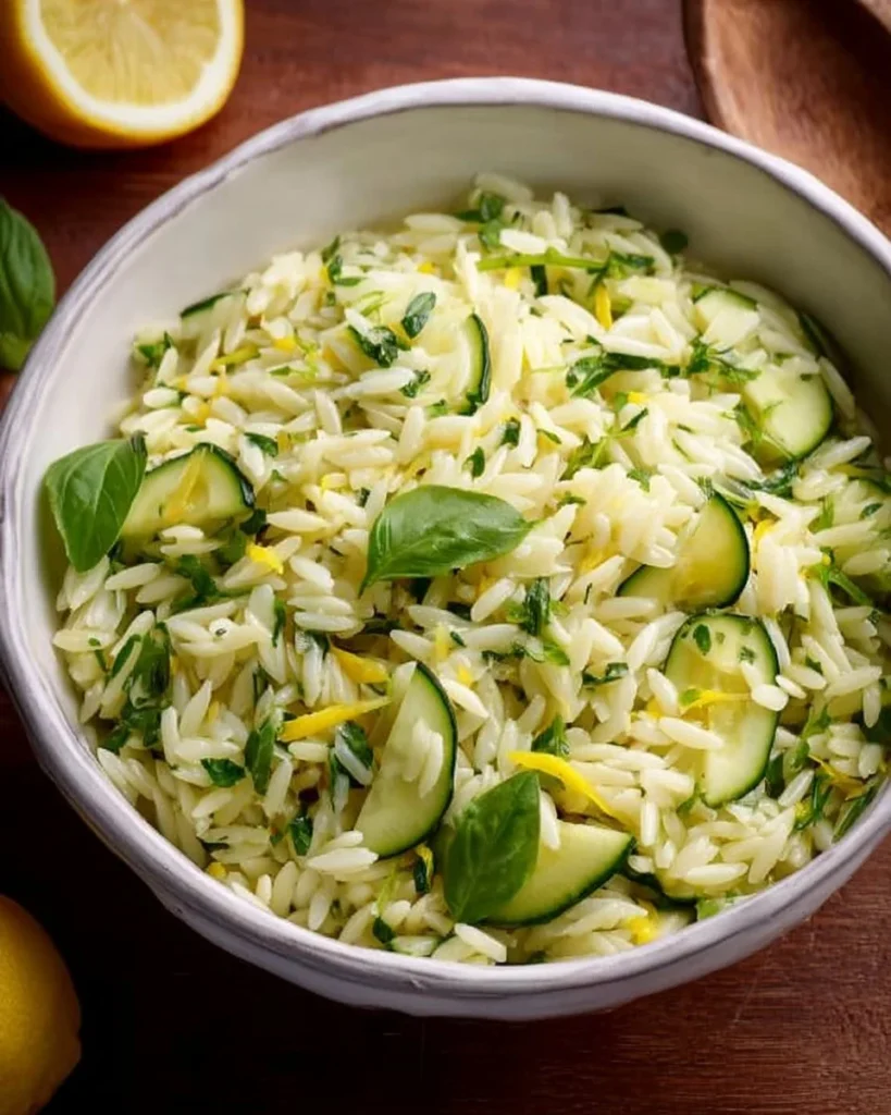 Light Cucumber Lemon Orzo Salad with fresh vegetables and a citrus dressing