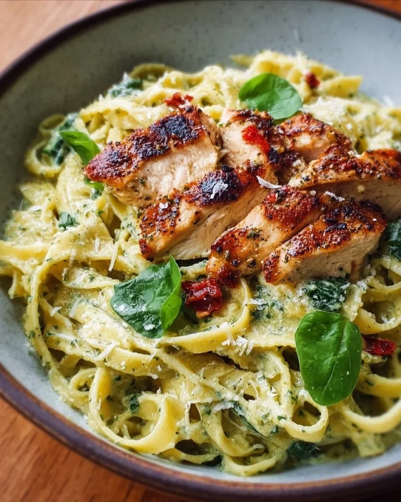Light pesto pasta with chicken garnished with fresh basil and served in a bowl