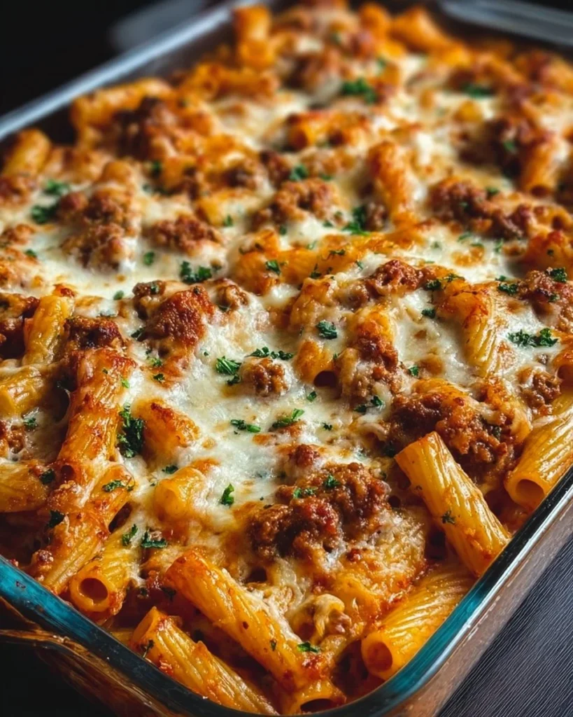 Delicious serving of Million Dollar Baked Ziti topped with cheese and herbs