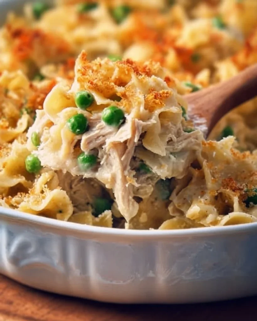 Delicious old-fashioned tuna casserole served in a baking dish with melted cheese on top.