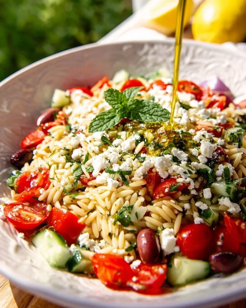 Orzo pasta salad with lemon dressing and feta cheese in a bowl