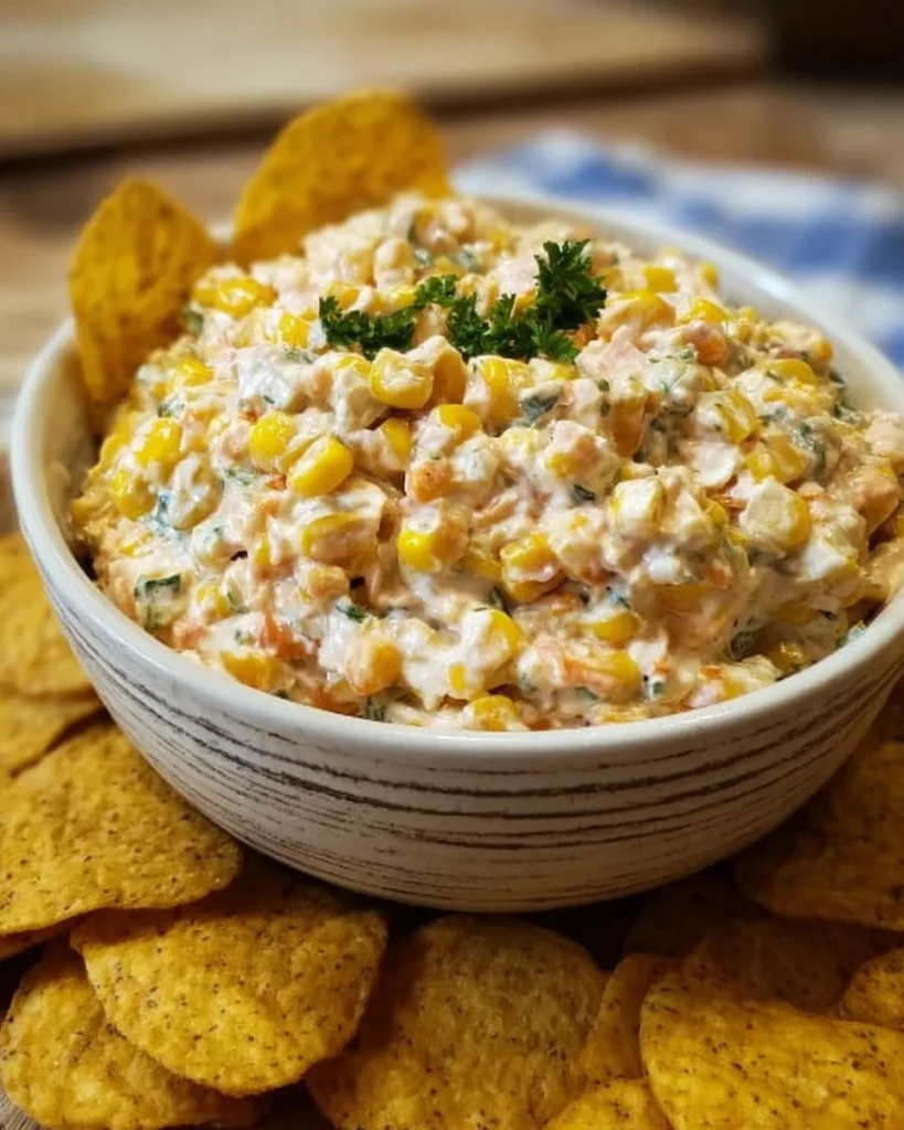 Delicious corn dip served in a bowl with garnishes on a table