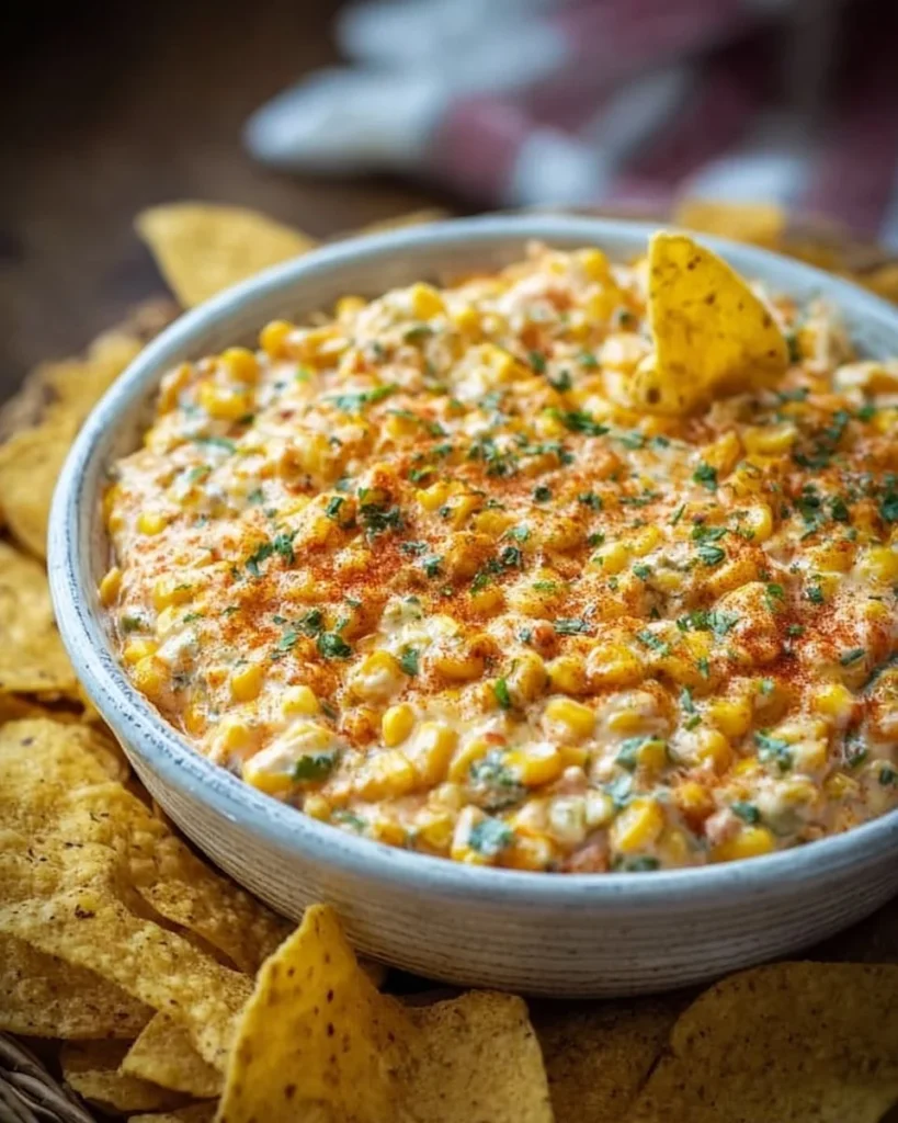 Delicious out-of-this-world corn dip served in a bowl with chips