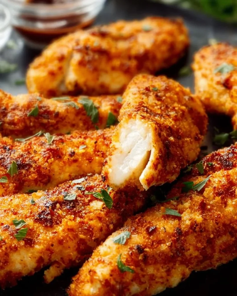 Oven baked chicken tenders on a plate, golden and crispy