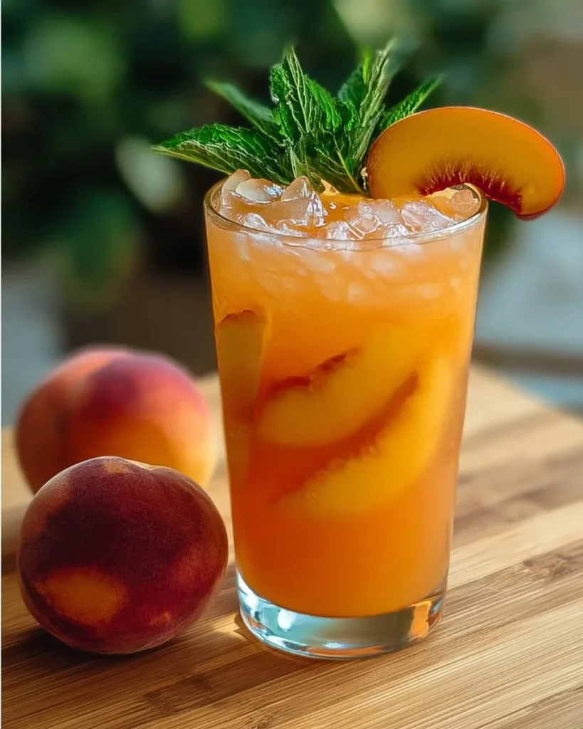 Delicious Peach Paradise Punch in a clear glass garnished with fresh peaches