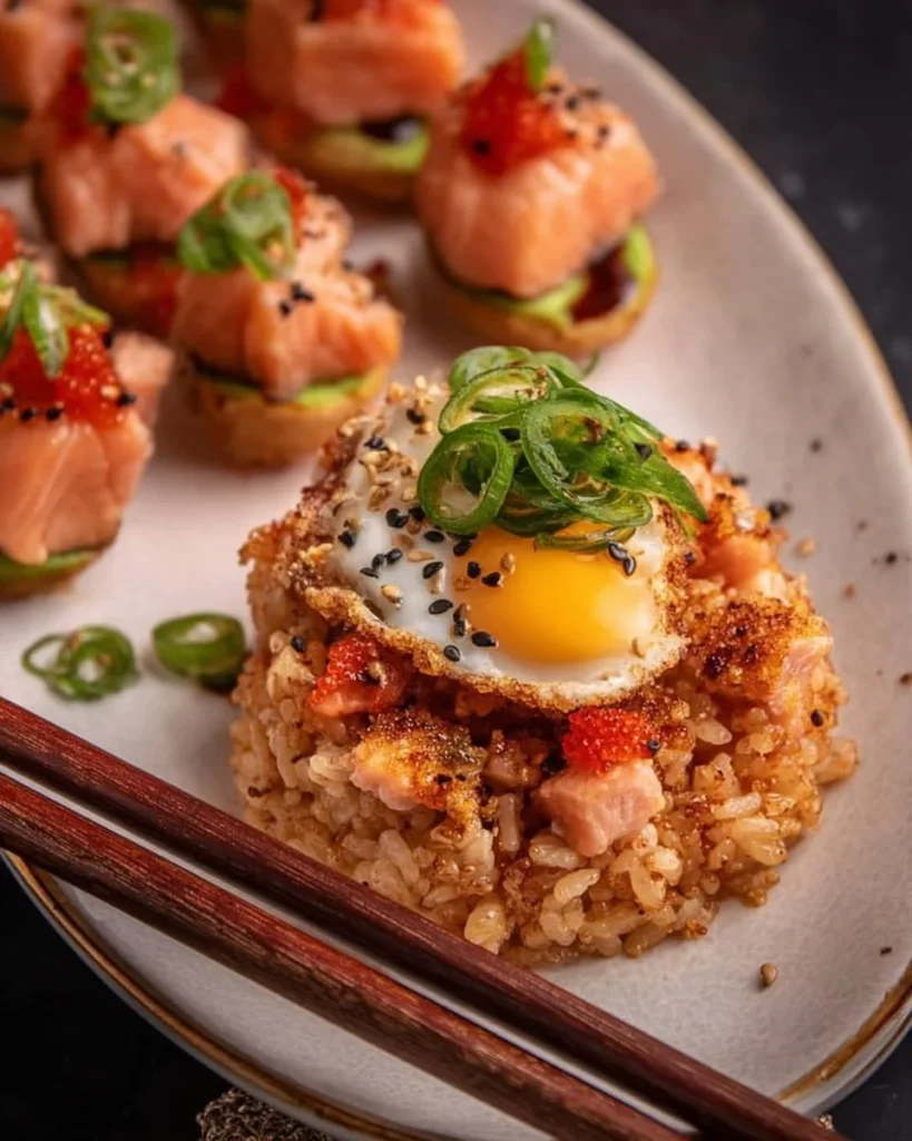Delicious salmon crispy rice served with garnishes and sauces.