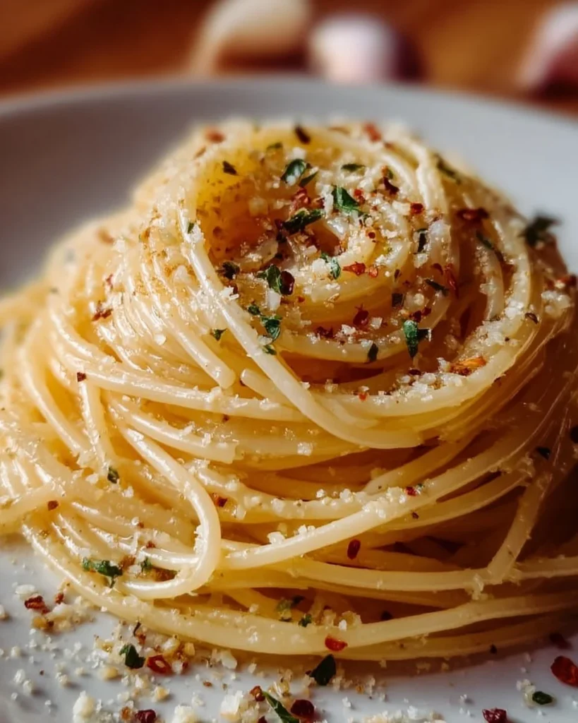 Spaghetti with garlic and oil served in a bowl with fresh parsley