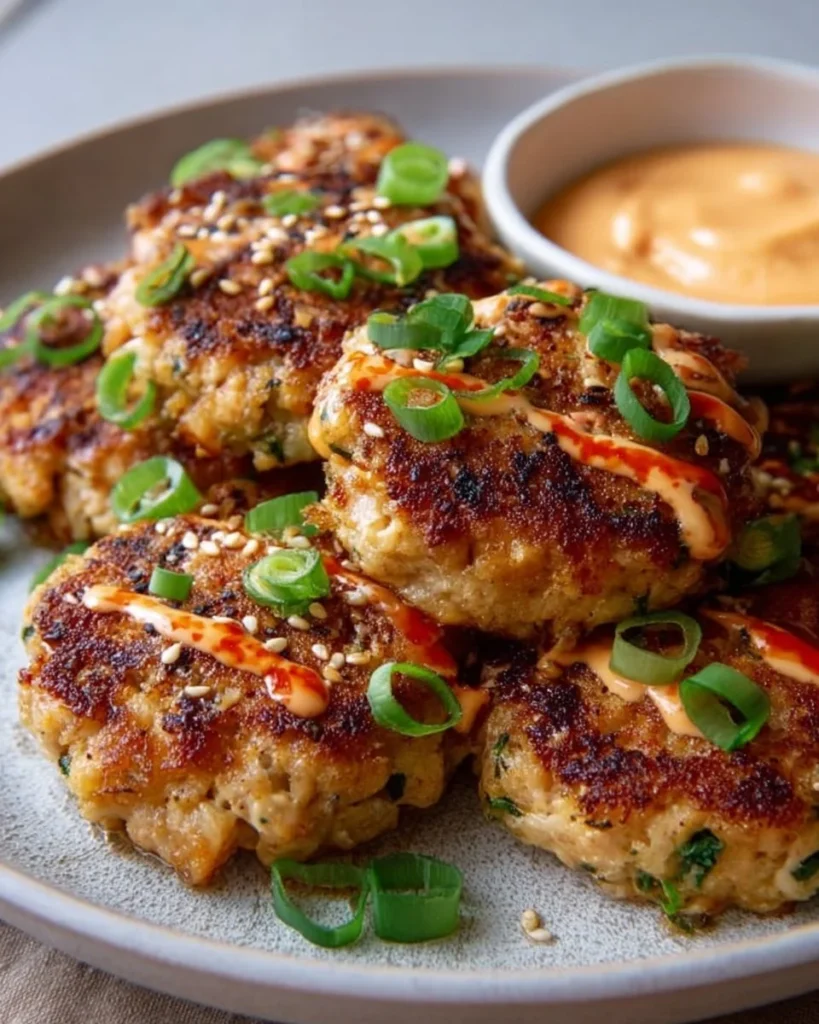 Delicious spicy Asian tuna cakes garnished and ready to serve