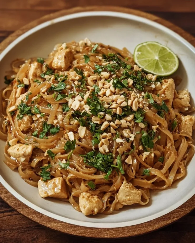 Bowl of Spicy Thai Peanut Noodles with Chicken garnished with cilantro and peanuts