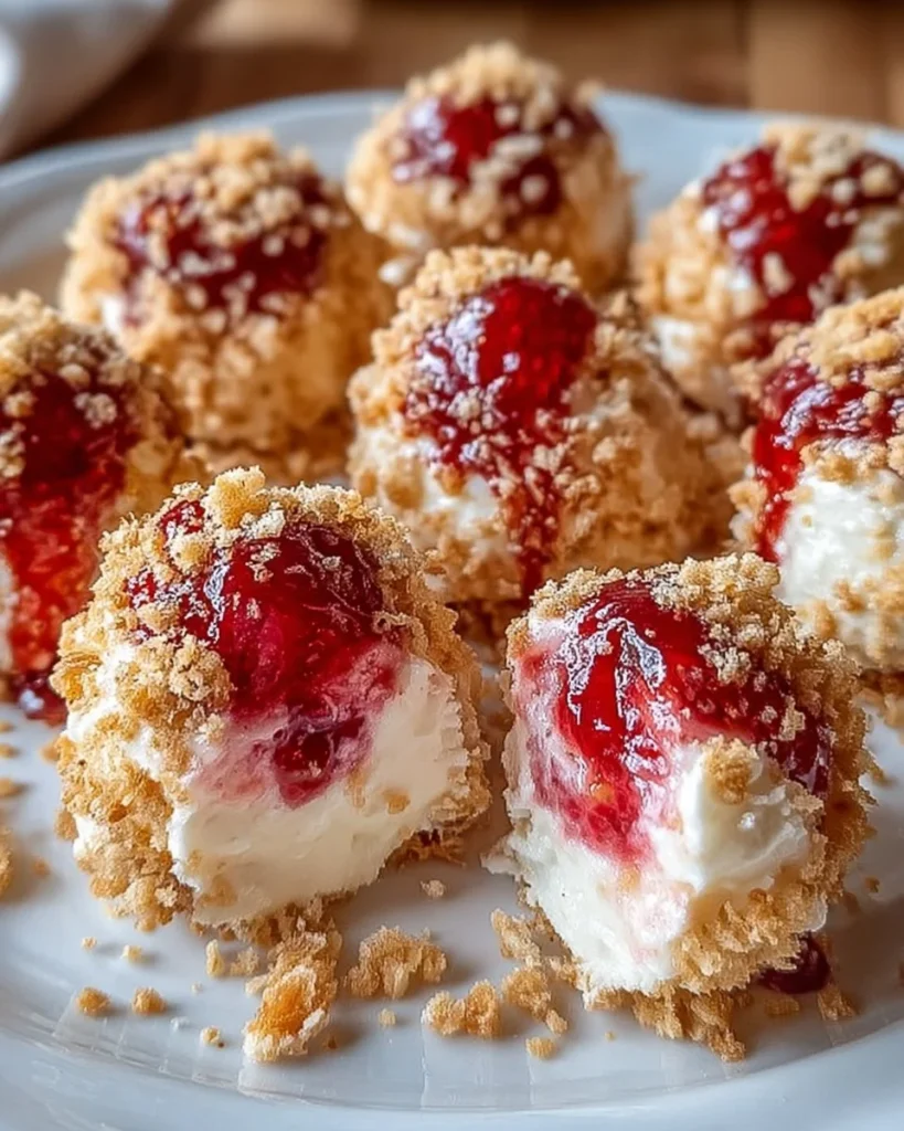 Plate of strawberry cheesecake crunch bites with a graham cracker topping.