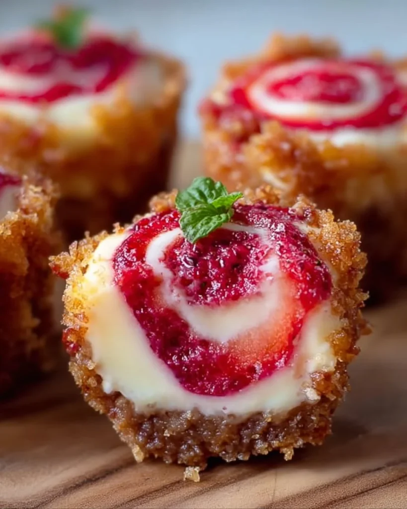 Delicious Strawberry Crunch Cheesecake Bites topped with strawberry crunch layers