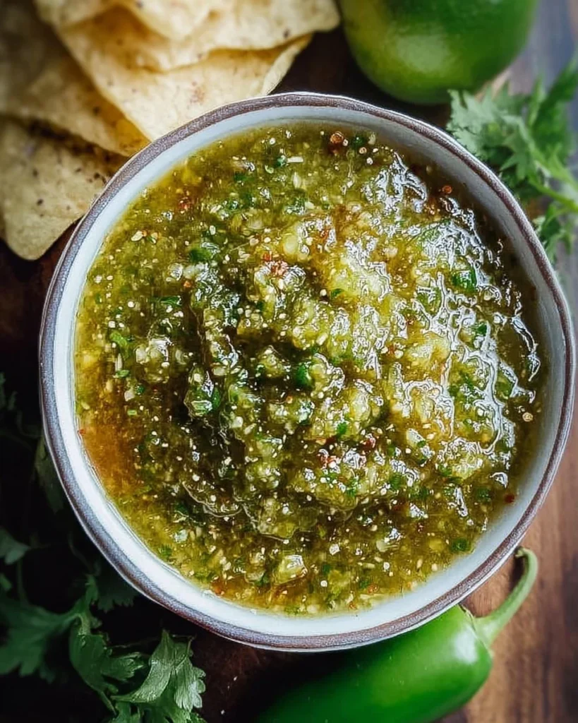 Bowl of easy roasted tomatillo salsa garnished with cilantro and lime.