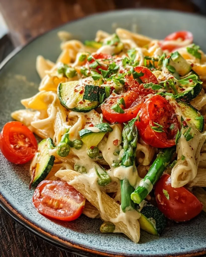 Bowl of Vegan Creamy Primavera Pasta with colorful vegetables