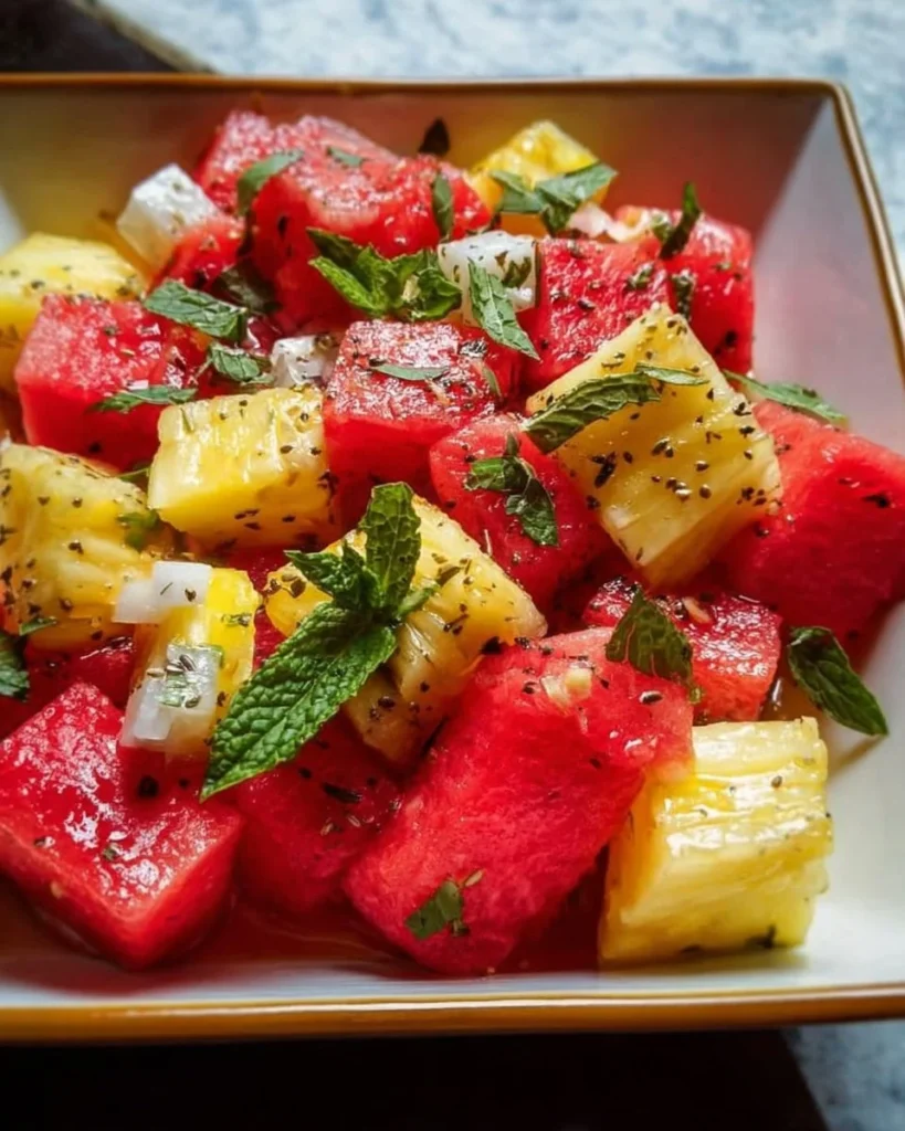 Watermelon Pineapple Salad with fresh fruits in a bowl